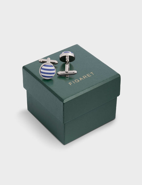 Boutons de manchette argentés et insert en popeline rayée marine